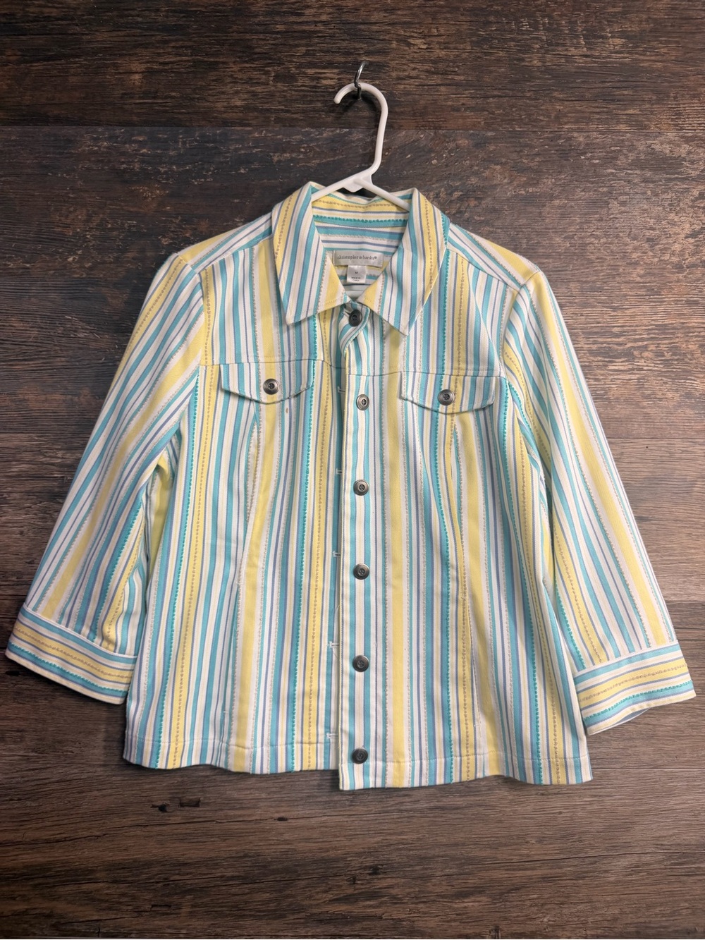 Christopher & Banks Yellow, Blue & White Striped Button-Down Shirt Jacket